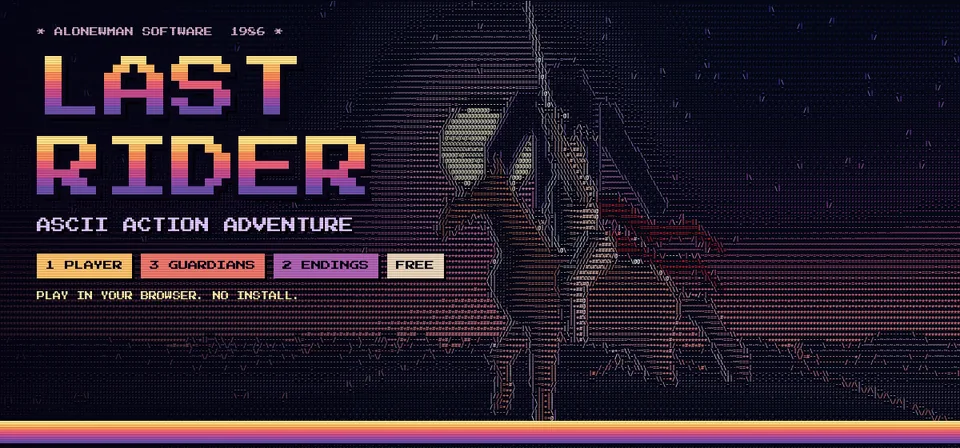 LAST RIDER, ASCII action adventure: a knight on a horse raising a sword before a giant moon