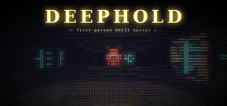 DEEPHOLD, ASCII horror: a dark corridor lined with glowing teal runes and a key in the distance